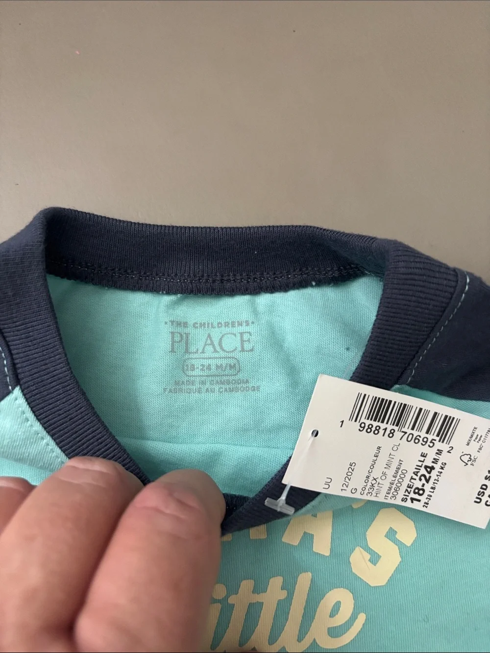 The Children's Place Light Teal & Navy Raglan Tee with Cream Text